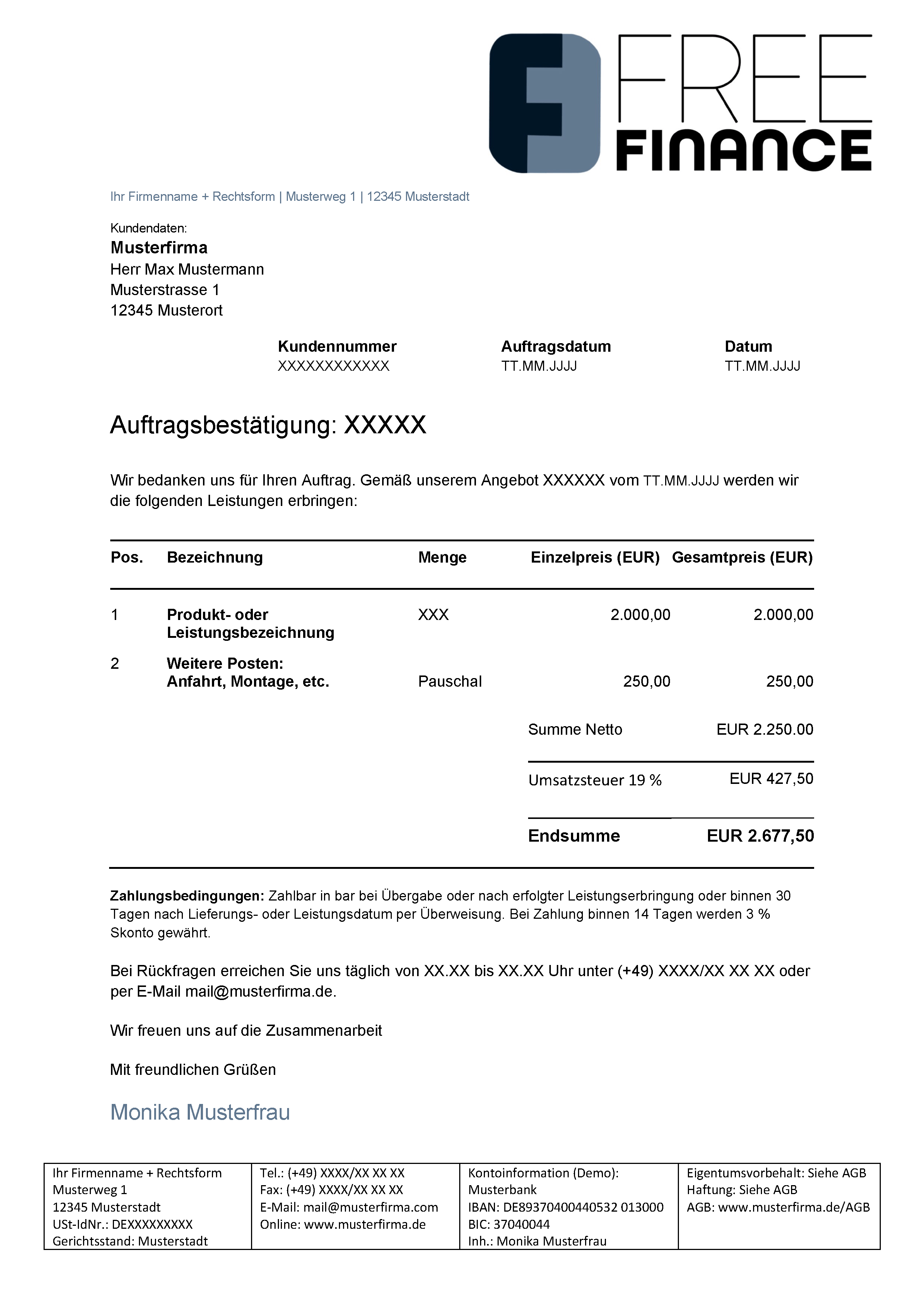 Auftragsbestätigung In Deutschland Mit Kostenloser Vorlage 8646